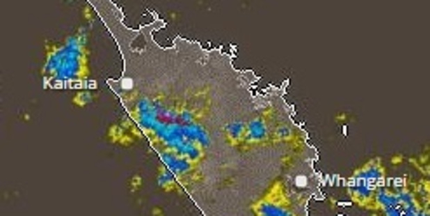 Northland Rain Radar at 4.30pm on Wednesday with the blue areas showing heavy rain.
