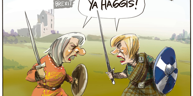 Theresa May and Nicola Sturgeon at each other over Brexit. Illustration / Rod Emmerson