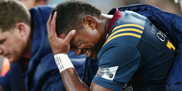 Highlanders and All Blacks wing Waisake Naholo grimaces after limping off Eden Park with a hamstring injury last night. / Photo: Photosport