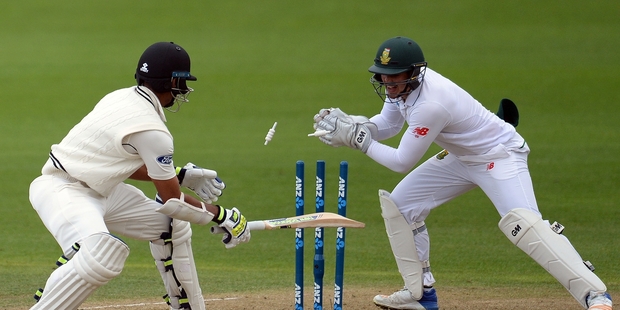 New Zealand top scorer Jeet Raval was stumped by Quinton de Kock for 80 yesterday. Photo / Photosport