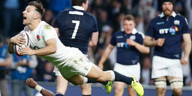 England's Danny Care scores his side's final try against Scotland. Photo / AP