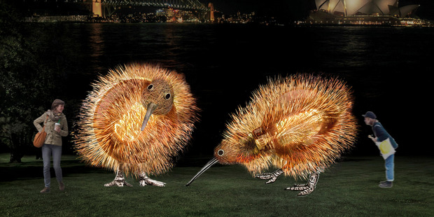 Glowing kiwis in the Royal Botanical Gardens by artists amigo and amigo. Photo / Supplied