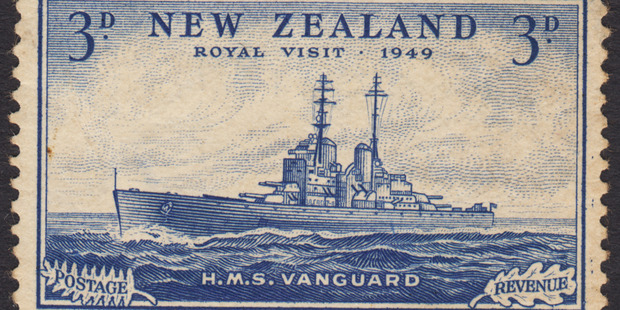 A rare New Zealand 3d HMS Vanguard stamp has fetched a record NZ$67,850 at auction. Photo / Supplied