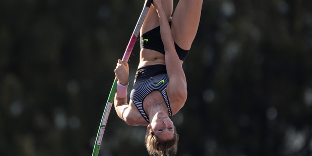 Eliza McCartney reacts as she clears the bar at the 2017 Auckland Track Challenge. Photo/Photosport