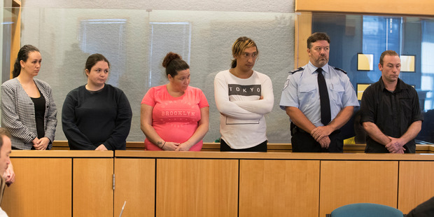 Michelle Blom, Nicola Jones, Julie-Ann Torrance, Cameron Hakeke, (court security), Wayne Blackett. Appearing in the Auckland High Court. Photo / Brett Phibbs