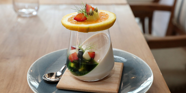 The Taho - organic black soya milk pannacotta with tapioca pearls, fruits and pandan caramel. Photo / NZ Herald