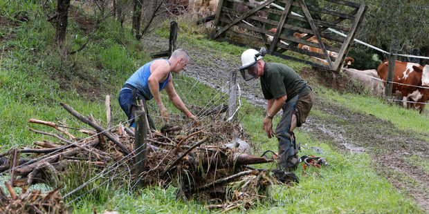 Steve McMillan, left, is one of hundreds of Northlanders cleaning up after the storm. Good news for anyone still mopping up is the weather will be mostly fine at least until the weekend.