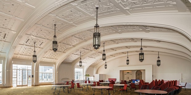 The penthouse floor at 35 Hobson St features a high-stud art-deco ceiling and distinctive chandeliers. Photo / Supplied