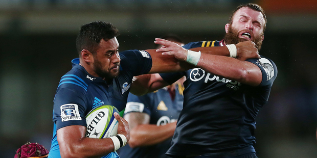 Blues lock Patrick Tuipulotu, pictured fending off Highlander Liam Coltman, has carried the ball well this season. Photo / Photosport