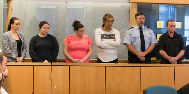 Michelle Blom, Nicola Jones, Julie-Ann Torrance, Cameron Hakeke, a court security guard and Wayne Blackett.