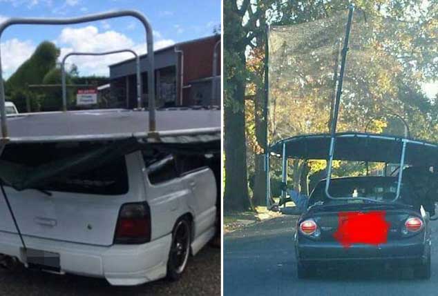 Last year an enormous trampoline with a safety net was seen the roof of a sedan as passengers leaned out windows desperately trying to keep it balanced.