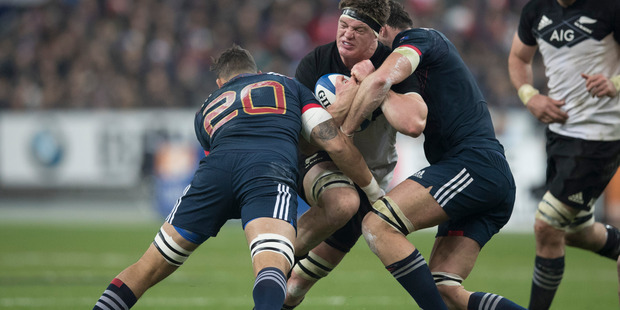 All Blacks lock Scott Barrett in action against France. Photo / Brett Phibbs
