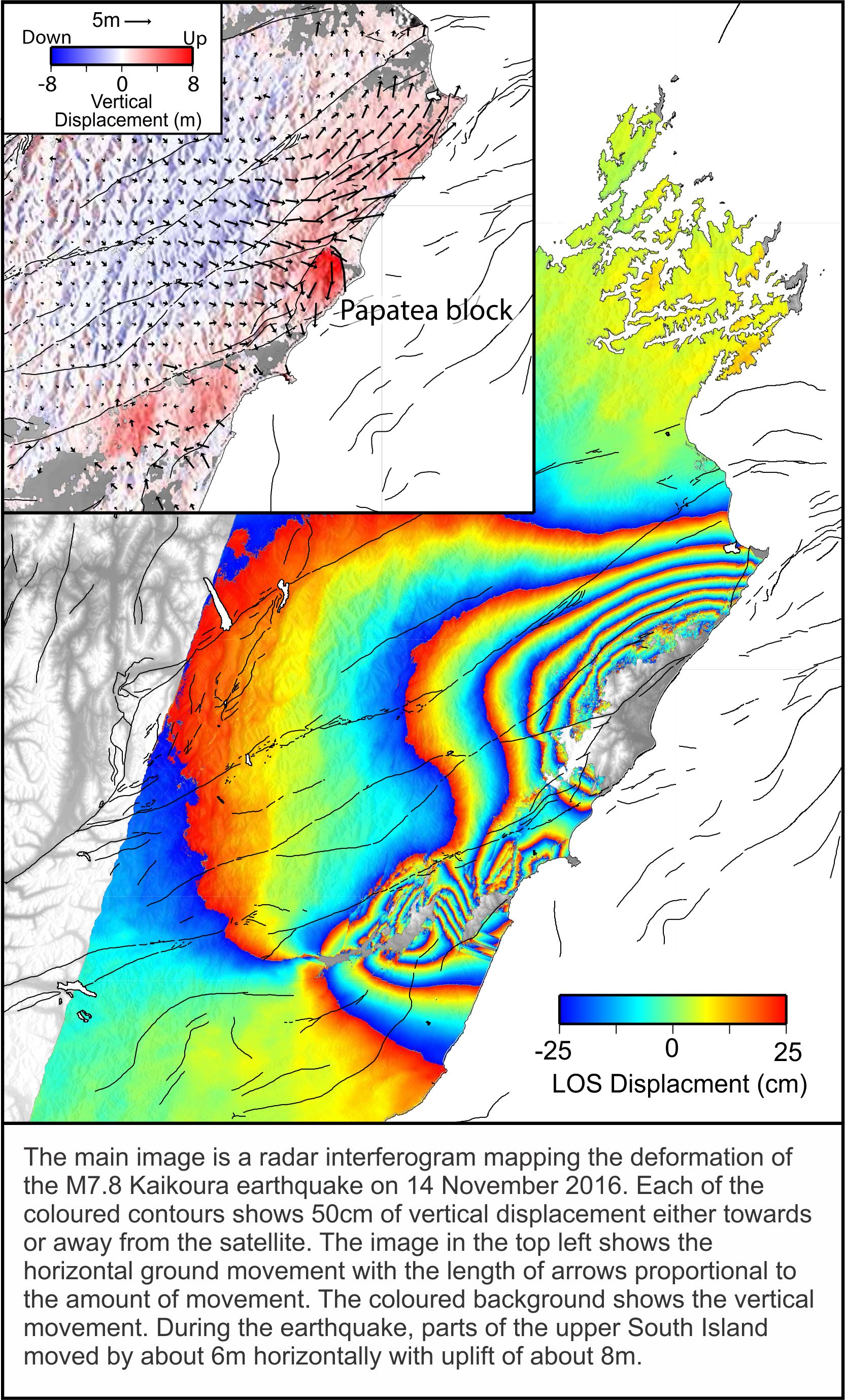 Radar Interferogram mapping of the deformation caused by the earthquake. Each band of colour shows another 50cm of vertical movement. Photo / supplied. 