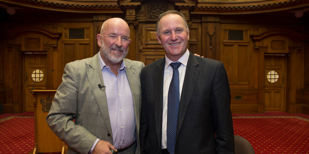 Former Prime Minister John Key, right, with NewstalkZB political editor Barry Soper, at Parliament, Wellington. Photo / Mark Mitchell