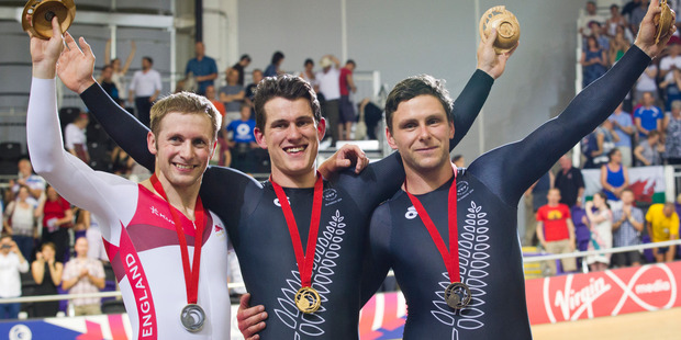 England's Jason Kenny, left, and New Zealand Men's Sprint specialists Sam Webster, middle, with Edward Dawkins, right. Photo / File