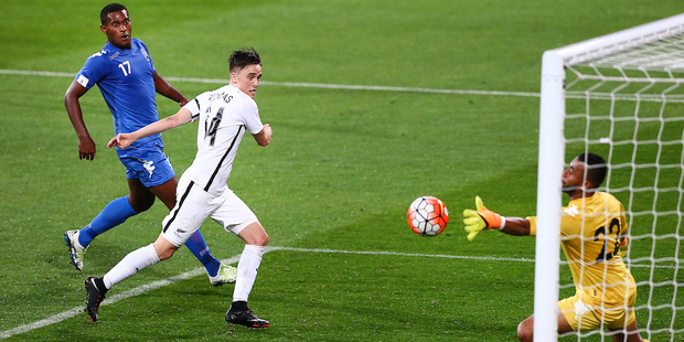 All Whites midfielder Ryan Thomas heads in to score his 2nd goal. Photo / Photosport