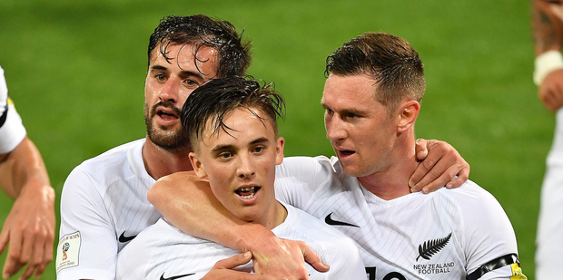 All Whites' Ryan Thomas celebrates after scoring the first goal against Fiji. Photosport