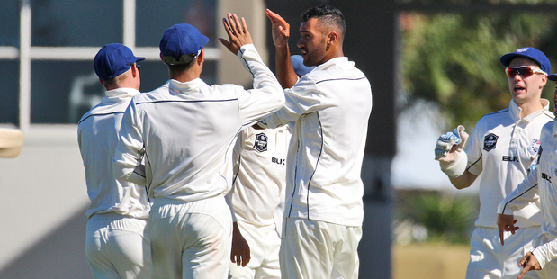 Auckland celebrate a key wicket against CD. Photo / Photosport