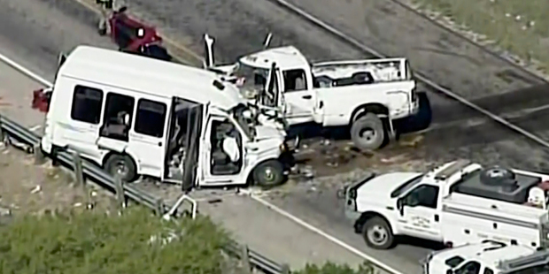 A deadly crash involving a van carrying church members and a pickup truck on U.S. 83 outside Garner State Park, Texas. Photo / AP