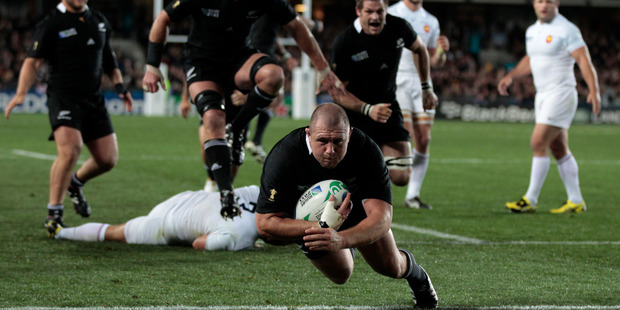 Tony Woodcock scoring his memorable try in the 2011 Rugby World Cup final. Photo / Brett Phibbs