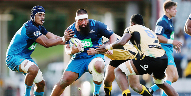Loading Charlie Faumuina on the burst against the Force at Eden Park; more of the same will be required of him and the Blues pack against the Highlanders on Saturday. Photo / Photosport