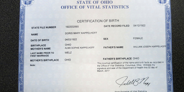 This image of a document provided by the State of Ohio Office of Vital Statistics shows Doris Mary Kappelhoff's birth certificate. Photo / AP