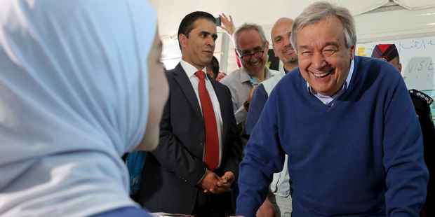 UN Secretary General Antonio Guterres talks to Syrian refugees in a 4th grade classroom at the UN-run Zaatari camp for Syrian refugees, in northern Jordan. Photo / AP
