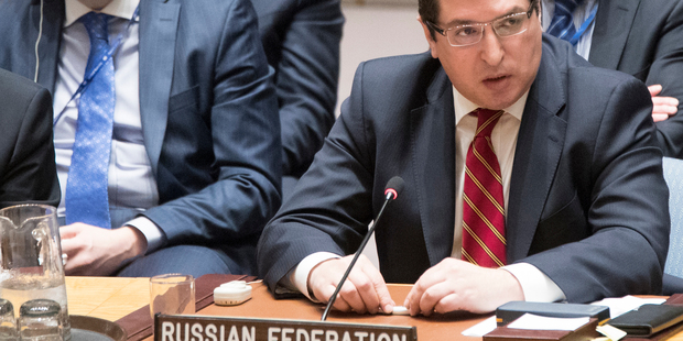 Russia's deputy UN ambassador Vladimir Safronkov speaks during a Security Council meeting on the situation in Syria yesterday. Photo / AP
