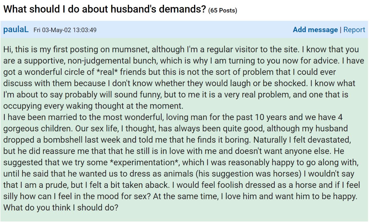 An unusual post found on parenting forum Mumsnet.com