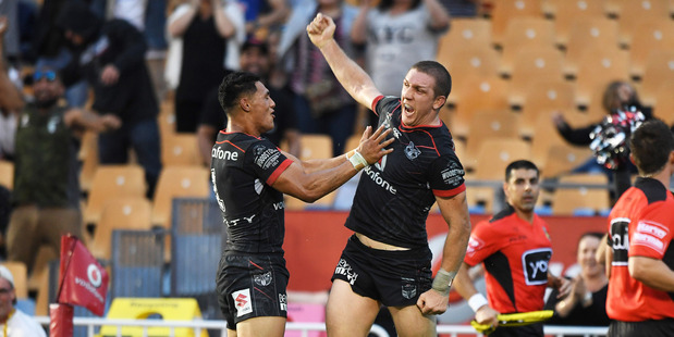 Ryan Hoffman celebrates scoring the match winning try against the Titans. Photosport