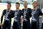 New Zealand men's team pursuit riders embrace after receiving their silver medals. Photo / AP