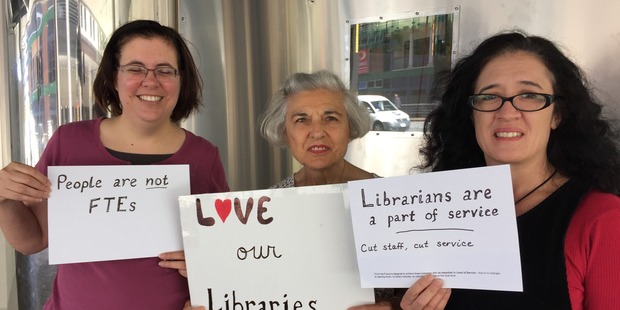 Members of the Love Our Libraries lobby group outside Auckland Council this morning. L-R Julia Schiller, Susan Schiller, Brenda Dwane. Photo / Cherie Howie