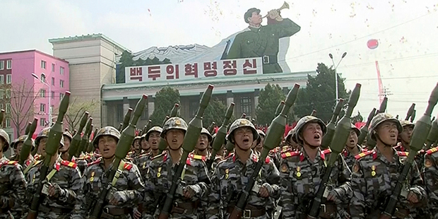Soldiers take part in a parade at Kim Il Sung Square today. Photo / AP