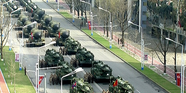 Military vehicles prepare for a parade at Kim Il Sung Square in Pyongyang. Photo / AP
