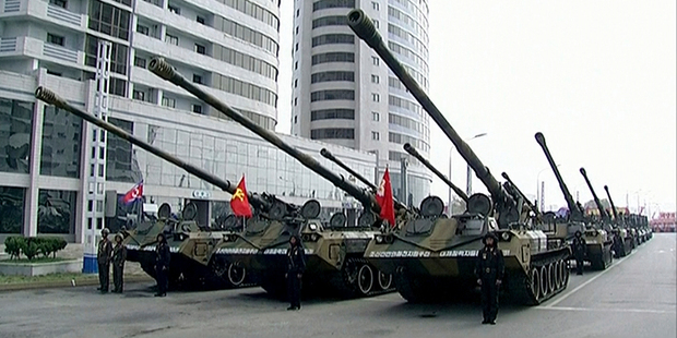 Military tanks prepare for a parade at Kim Il Sung Square in Pyongyang today. Photo / AP