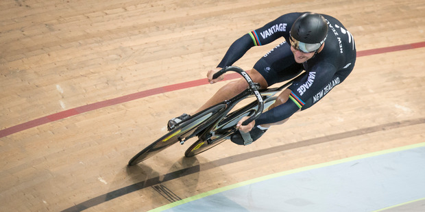 Eddie Dawkins from the Mens Sprint team training after the UCI World Cup squad was announced at the Avantidrome in Cambridge in 2015. Photo / Greg Bowker