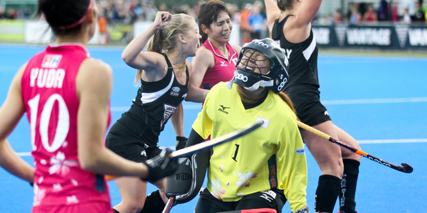 Kirsten Pearce celebrates her disallowed goal with Olivia Merry as Japan keeper Megumi Kageyama, Hazuki Yuda (left) and Yukari Mano agonise but the goal was disallowed. PHOTO/Warren Buckland