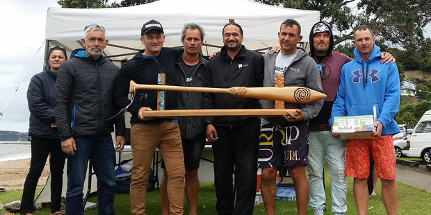 Parihaka Waka Ama Club's Team Toots, the inaugural winners of the revived Te Taiawhio o Ipipiri long-distance waka ama trophy. Photo / Anika West