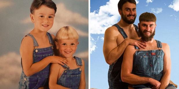 Matching dungarees make these double denim snaps especially memorable.