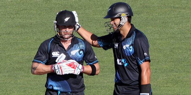 Black Caps captain Brendon McCullum get a pat on the head from former Black Caps skipper Ross Taylor. Photo / Paul Taylor