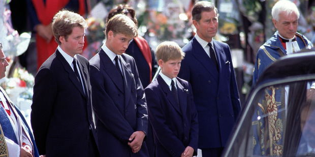 Prince William, Prince Harry and Prince Charles at the funeral service of Diana. Photo / Getty Images