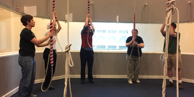 Members of the Washington Ringing Society ringing bells during their weekly rehearsal. Photo / AP