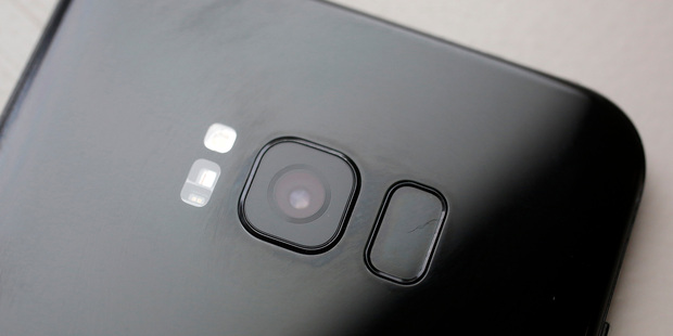 The camera lens shown on the back of the Samsung Galaxy S8 Plus. Photo / AP