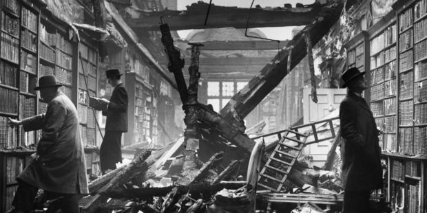 London's Holland House library "open" after a German bombing raid. Photo / Getty Images