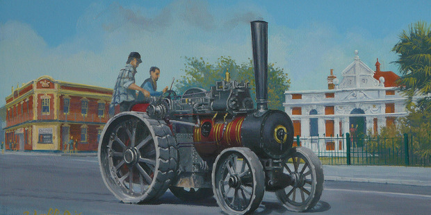 John Archbold's painting of Johnny McClune (left) travelling through Marton last year.