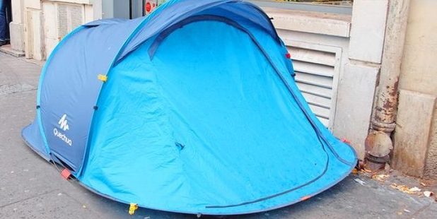 The tents pitched by the homeless along Colombo St outside the Metro Mart were potentially in breach of both the Freedom Camping Bylaw and the Public Places bylaw. Photo / Christchurch Star