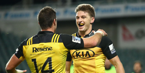 Beauden Barrett celebrating a Hurricanes try. Photo / Getty Images.