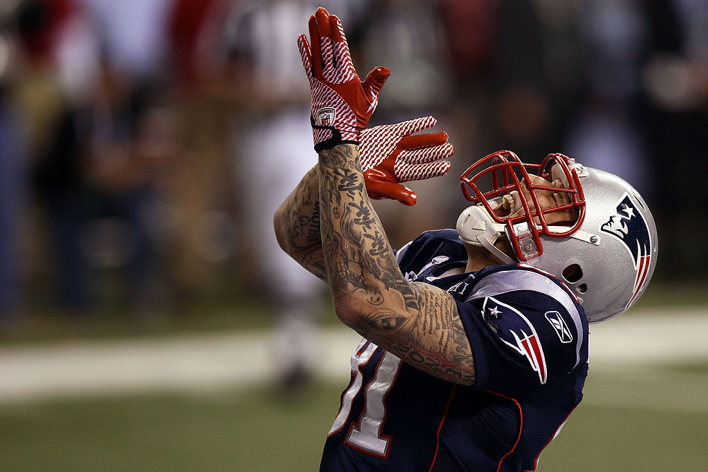 Aaron Hernandez celebrates a 12 yard touchdown in happier times. Photo / Getty