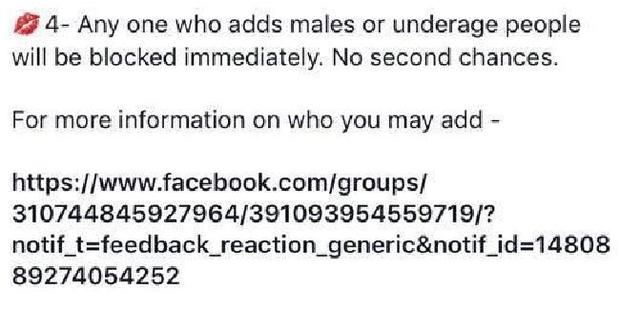 One of the rules bans males from being added or given any access to content from the group. Photo / Supplied