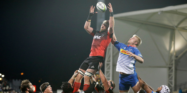 Crusaders Kieran Read leaps to take lineup ball during their super rugby match against the Stormers in Christchurch. Photo / AP
